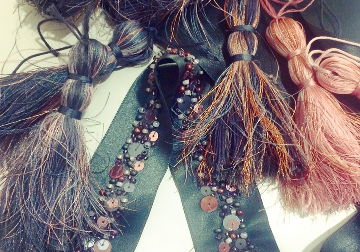 Pink and grey tassels trimming